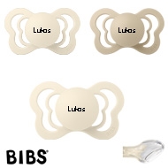 BIBS Couture Sutter med navn str2, 2 Ivory, 1 Vanilla, Anatomisk Silikone, Pakke med 3 sutter